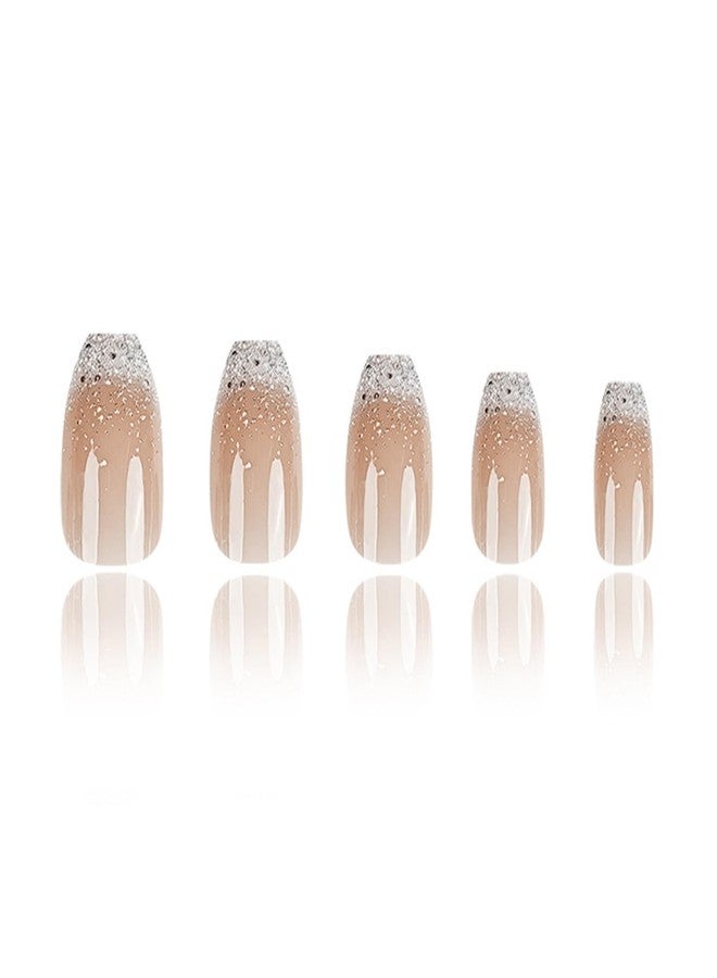 TOGZOM Ombre Press on Nails Short Coffin Nude Acrylic Glitter Glue on Medium Gradation False Glossy Nature Stick on for Women Girls Manicure 24Pcs - Image 2